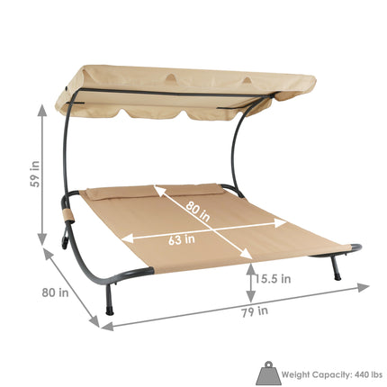 Sunnydaze Double Modern Outdoor Lounging Bed with Canopy and Headrest Pillows, Beige