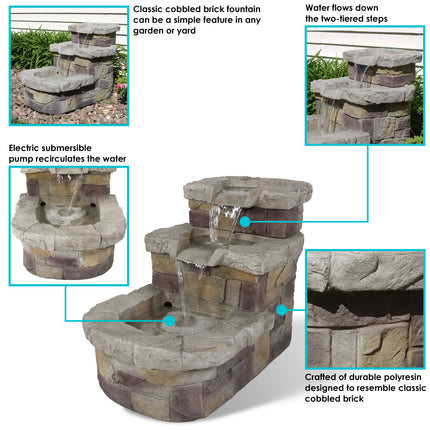 Sunnydaze 3-Tier Brick Steps Outdoor Water Fountain, 21 Inch Tall, Includes Electric Submersible Pump