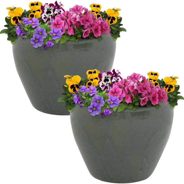 Sunnydaze Chalet Ceramic Flower Pot Planter with Drainage Holes - Set of 2 - High-Fired Glazed UV and Frost-Resistant Finish - Outdoor/Indoor Use