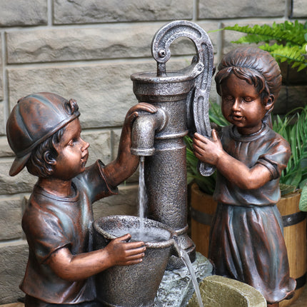 Sunnydaze Jack and Jill at Farmhouse Pump and Well Outdoor Water Fountain, 24-Inch