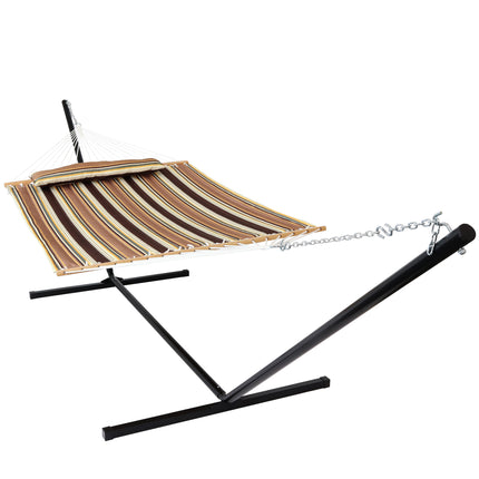 Sunnydaze 2 Person Freestanding Quilted Fabric Spreader Bar Hammock, Choose from 12 or 15 Foot Stand, Sandy Beach