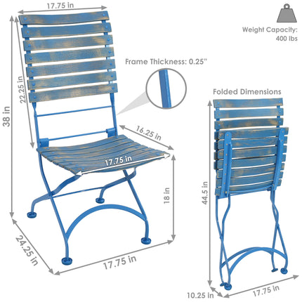 Sunnydaze Cafe Couleur European Chestnut Wooden Folding Dining Chair Portable, Blue Compact Side Chair Set