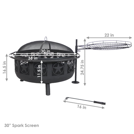Sunnydaze 30 Inch Black All Star Fire Pit with Cooking Grate and Spark Screen