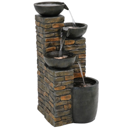 Sunnydaze Staggered Cascading Pottery Bowls Tiered Outdoor Water Fountain with LED Lights, 34-Inch