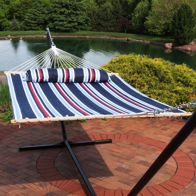 Sunnydaze 2 Person Quilted Fabric Hammock with Spreader Bars, Nautical Stripe