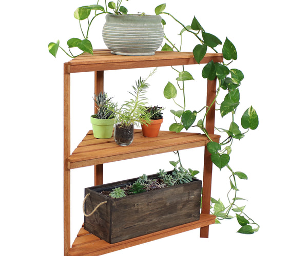 le petit jardin wooden 3-shelf indoor-outdoor plant stand Sunnydaze Meranti Wood 3-Tier Indoor/Outdoor Corner Plant Stand with Teak Oil Finish, 36-Inch – Serenity Health & Home Decor