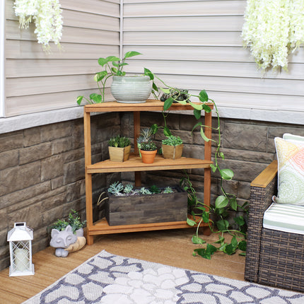 Sunnydaze Meranti Wood 3-Tier Indoor/Outdoor Corner Plant Stand with Teak Oil Finish, 36-Inch