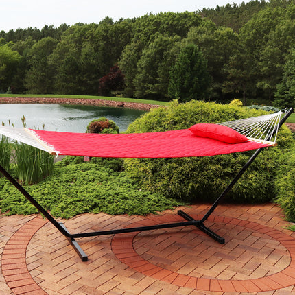 Sunnydaze Quilted Designs Double Fabric 2 Person Hammock with Spreader Bars and Pillow