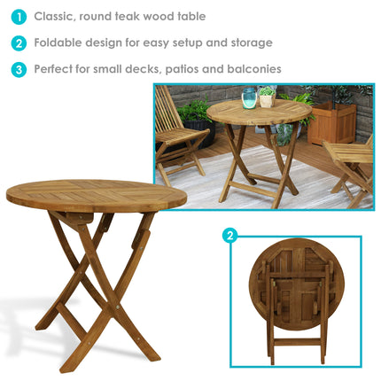 Sunnydaze Round Folding Solid Teak Outdoor Dining Table - 31-Inch - Light Wood Stain Finish