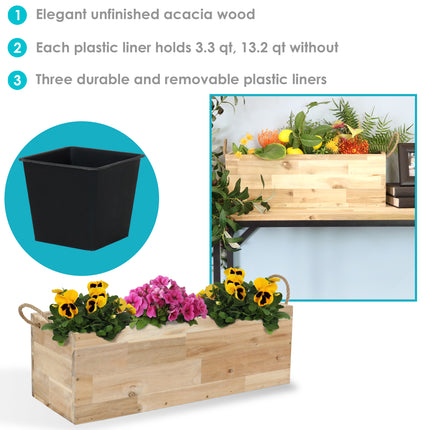 Sunnydaze Rectangle Acacia Wood Tray Planter with Handles and 3 Removable Plastic Liners