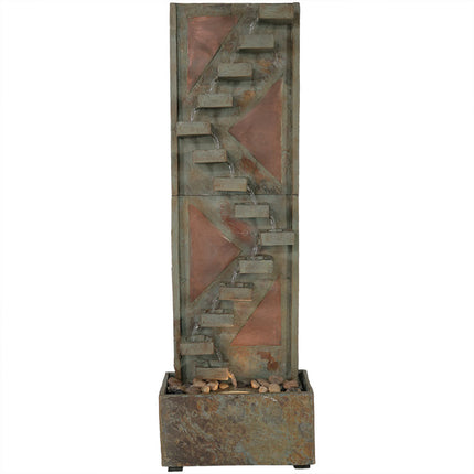 Sunnydaze Descending Staircase Slate Outdoor Water Fountain with Copper Accents and LED Spotlight