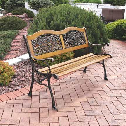 Sunnydaze 2-Person Outdoor Bench, Cast Iron and Wood with Ivy Crossweave Design, 49-Inch