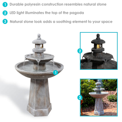 Sunnydaze 2-Tiered Pagoda Outdoor Water Fountain with LED Light, 40-Inch
