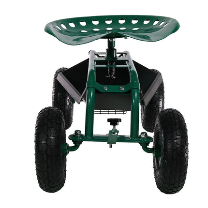 Sunnydaze Rolling Garden Cart with Work Seat, Basket, and Tray