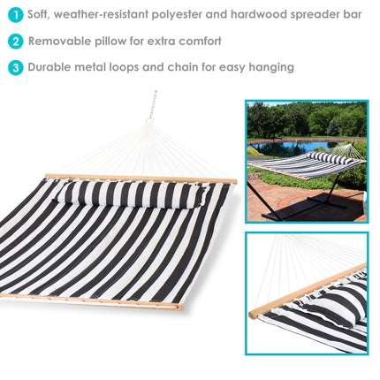Sunnydaze 2 Person Quilted Fabric Hammock with Spreader Bars and Pillow - Black and White