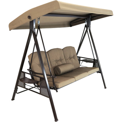 Sunnydaze 3-Person Steel Frame Outdoor Adjustable Tilt Canopy Patio Swing with Side Tables, Cushions and Pillow