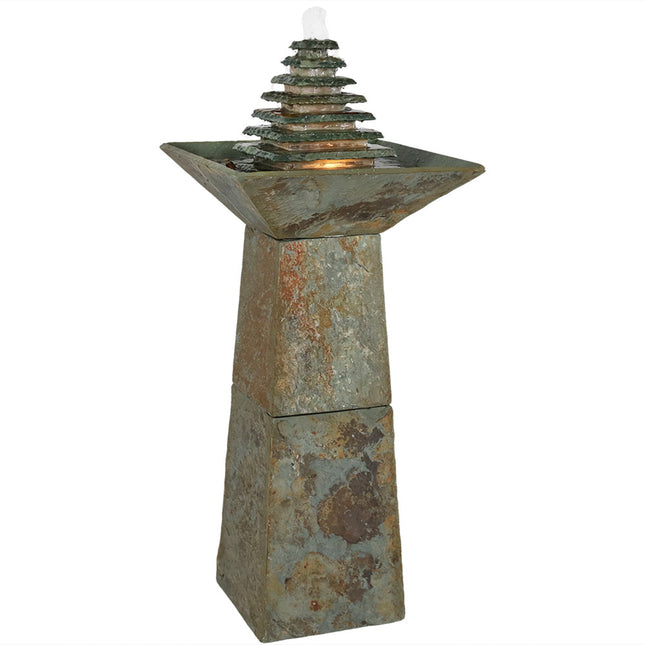 Sunnydaze Layered Slate Pyramid Outdoor Water Fountain with LED Light, 40 Inch Tall, Perfect for Patio or Yard
