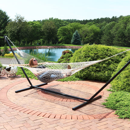 Sunnydaze Double Wide 2 Person Cotton Rope Hammock with Spreader Bars and 15 Foot Stand, 2 Person