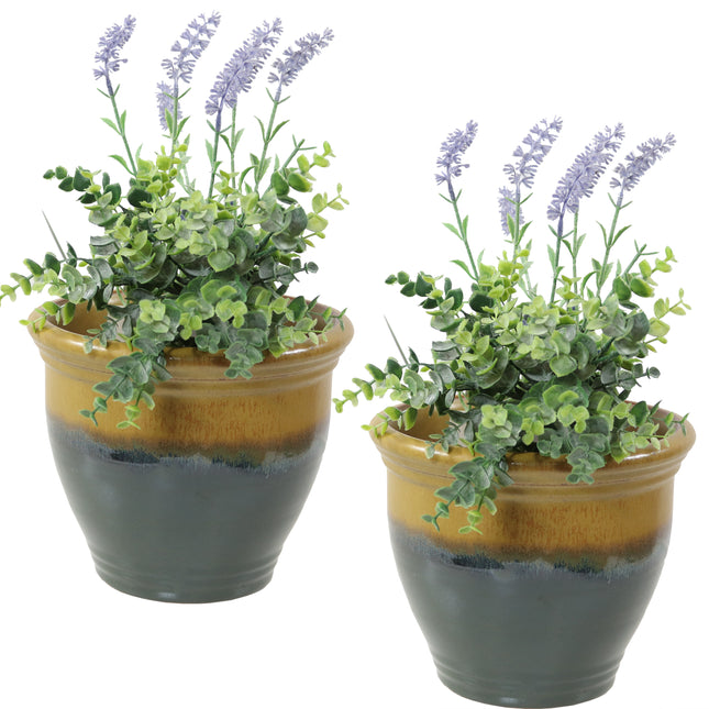 Sunnydaze Studio Set of 2 Ceramic Flower Pot Planter with Drainage Hole - High-Fired Glazed UV and Frost-Resistant Finish - Outdoor/Indoor Use