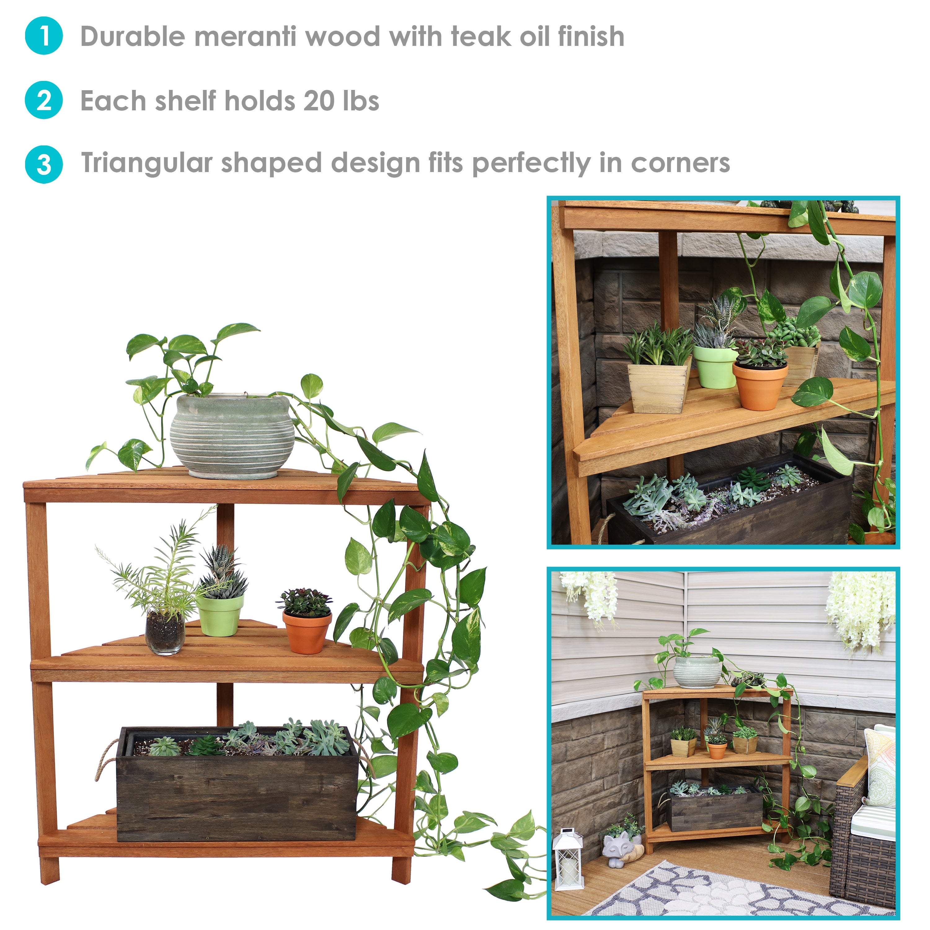le petit jardin wooden 3-shelf indoor-outdoor plant stand Sunnydaze Meranti Wood 3-Tier Indoor/Outdoor Corner Plant Stand with Teak Oil Finish, 36-Inch – Serenity Health & Home Decor