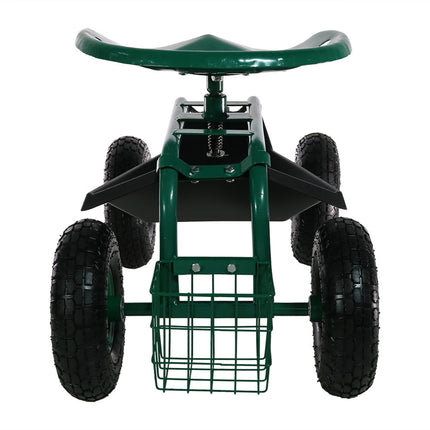 Sunnydaze Rolling Garden Cart with Work Seat, Basket, and Tray