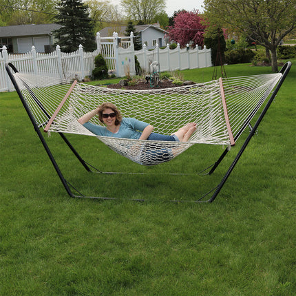 Sunnydaze Cotton Double Wide 2-Person Rope Hammock with Spreader Bars and Multi-Use Steel Stand