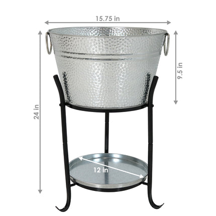Sunnydaze Ice Bucket Drink Cooler with Stand and Tray, Pebbled Galvanized Steel, Holds Beer, Wine, Champagne and More