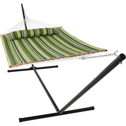 Sunnydaze 2 Person Freestanding Quilted Fabric Spreader Bar Hammock, Choose From 12 or 15 Foot Stand,  Melon Stripe