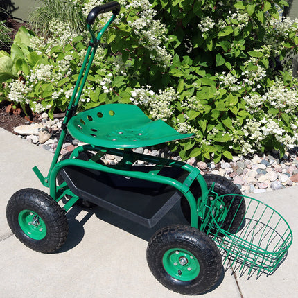 Sunnydaze Rolling Garden Cart with Extendable Steering Handle, Swivel Seat & Planter Basket