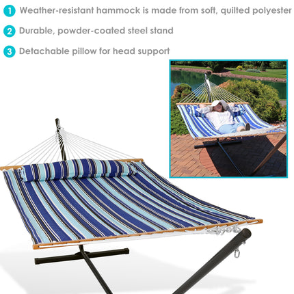 Sunnydaze 2 Person Freestanding Quilted Fabric Spreader Bar Hammock, Choose 12 or 15 Foot Stand, Catalina Beach