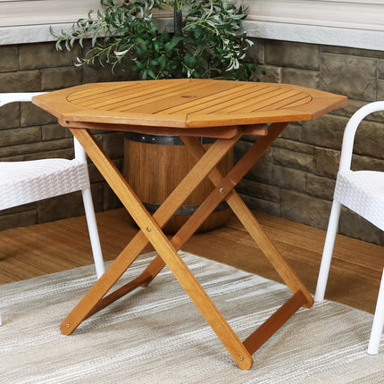 Sunnydaze Meranti Wood Octagon Outdoor Folding Patio Table, Teak Oil Finish