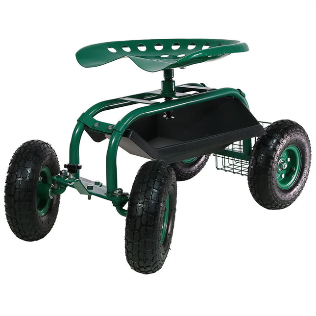 Sunnydaze Rolling Garden Cart with Work Seat, Basket, and Tray