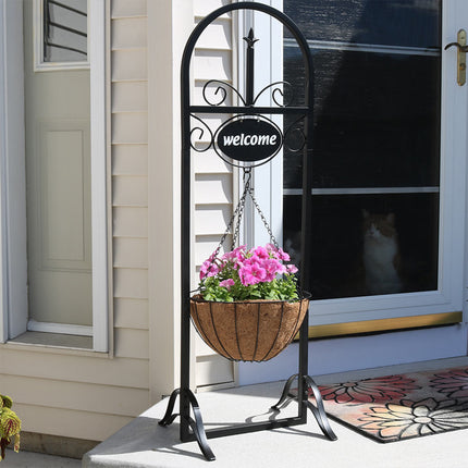 Sunnydaze Outdoor Decorative Welcome Sign with Hanging Basket Planter Stand, 48 Inch Tall