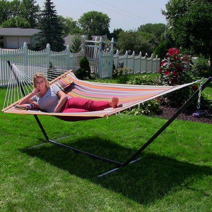 Sunnydaze 2 Person Freestanding Quilted Fabric Spreader Bar Hammock, Choose from 12 or 15 Foot Stand, Canyon Sunset