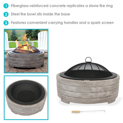 Sunnydaze Large Faux Stone Wood-Burning Fire Pit Ring with Steel Fire Bowl and Spark Screen, 35-Inch Diameter