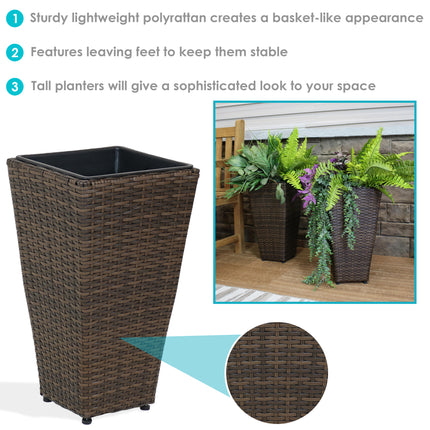 Sunnydaze Tall Square Brown Indoor/Outdoor Polyrattan Planters - Set of 2