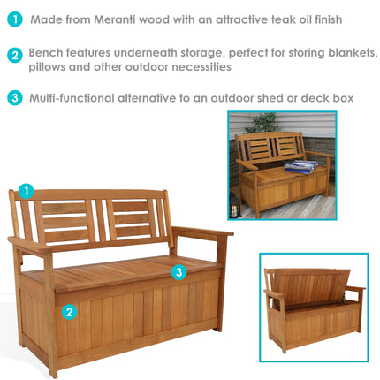 Sunnydaze Meranti Wood Outdoor Storage Bench with Teak Oil Finish, 47-Inch
