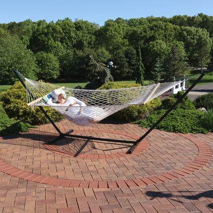 Sunnydaze Cotton Rope Hammock with 12 Foot Steel Stand, Pad and Pillow, 275 Pound Capacity