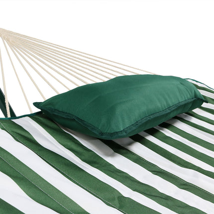 Sunnydaze Green and White Stripe Cotton Rope Hammock with 12 Foot Steel Stand, Pad and Pillow, 275 Pound Capacity