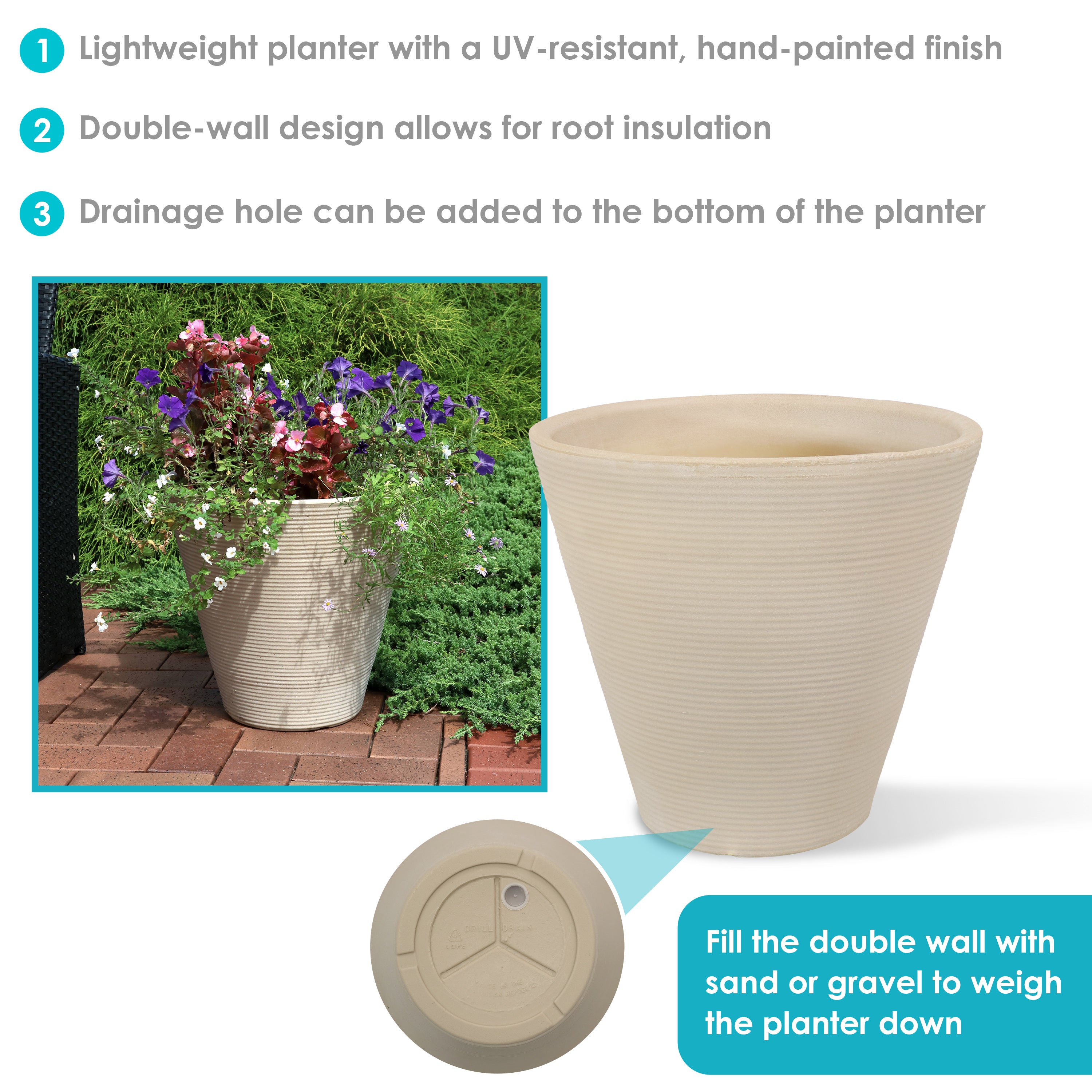 weigh down plant pots Sunnydaze Walter Ribbed Cone Indoor/Outdoor Planter Pot, Antique White Finish, 16-Inch Diameter – Serenity Health & Home Decor