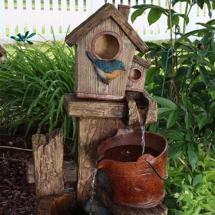 Sunnydaze Bluebird House and Buckets Outdoor Garden Water Fountain, 26 Inch Tall