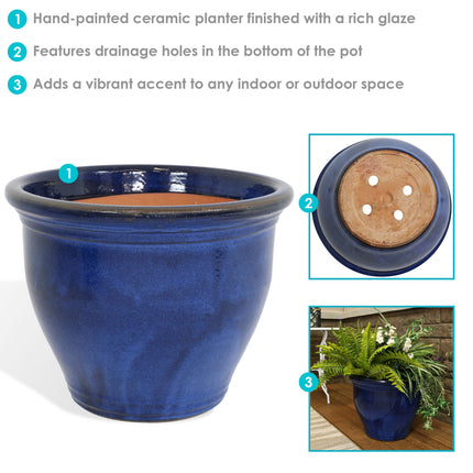 Sunnydaze Studio Ceramic Flower Pot Planter with Drainage Holes - High-Fired Glazed UV and Frost-Resistant Finish - Outdoor/Indoor Use