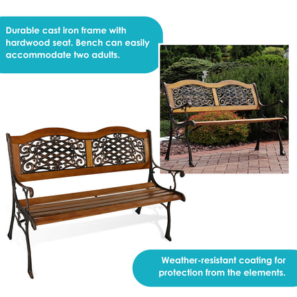Sunnydaze 2-Person Outdoor Bench, Cast Iron and Wood with Ivy Crossweave Design, 49-Inch