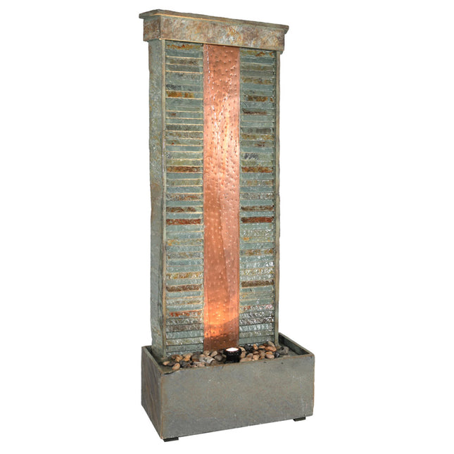 Sunnydaze Rippled Slate Indoor/Outdoor Water Fountain with Copper Accents and LED Spotlight, 48 Inch Tall