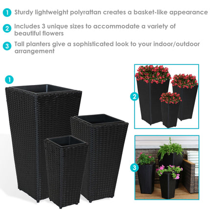 Sunnydaze Tall Square Black Polyrattan Planter - Set of 3