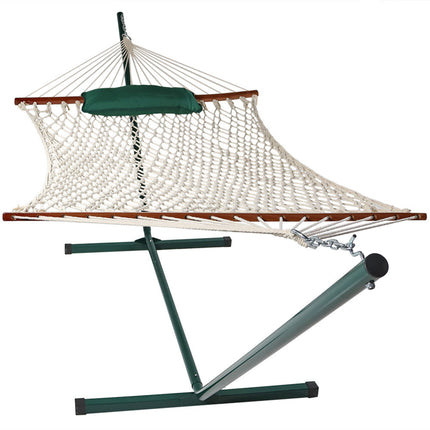 Sunnydaze Green and White Stripe Cotton Rope Hammock with 12 Foot Steel Stand, Pad and Pillow, 275 Pound Capacity