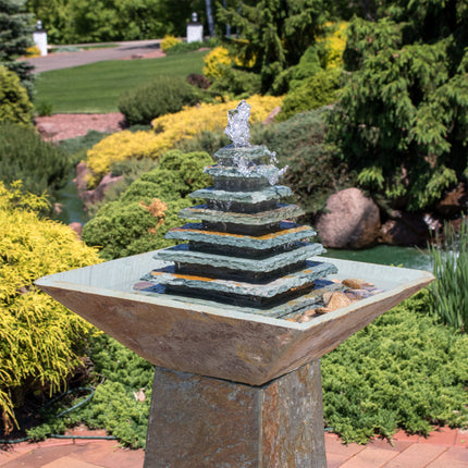Sunnydaze Layered Slate Pyramid Outdoor Water Fountain with LED Light, 40 Inch Tall, Perfect for Patio or Yard
