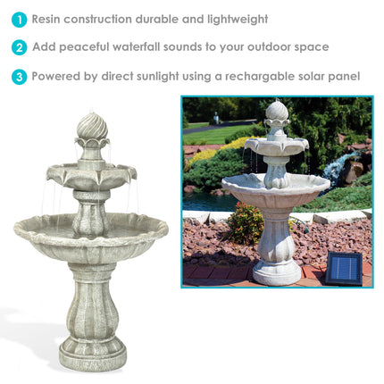 Sunnydaze Two Tier Solar with Battery Backup Outdoor Water Fountain, White Earth, 35 Inch Tall