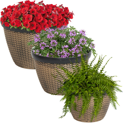 Sunnydaze Resin Faux Basketweave Outdoor Planters - Set of 3