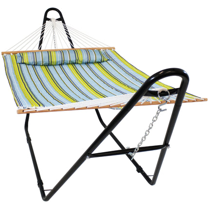 Sunnydaze Quilted Double Fabric 2-Person Hammock with Multi-Use Universal Steel Stand, Blue and Green, 450 Pound Capacity